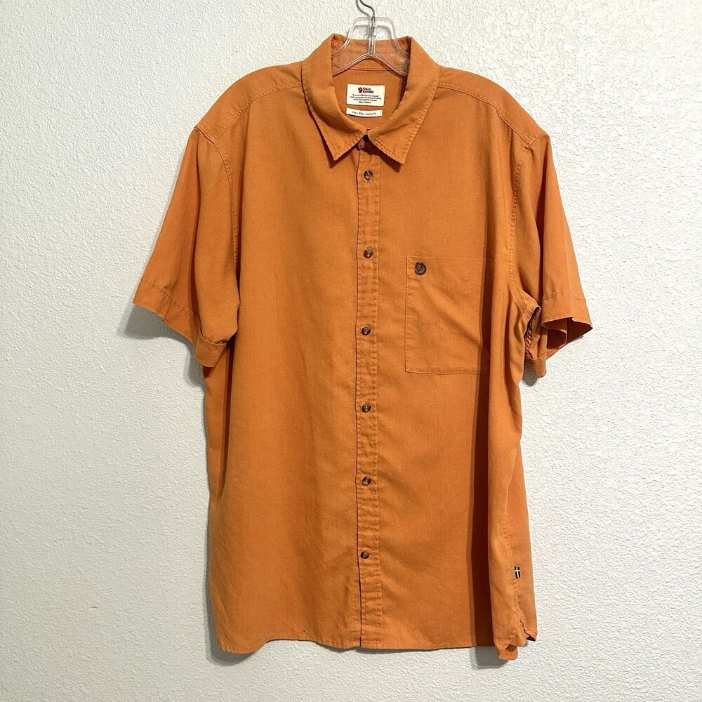 Fjall Raven Mens Ovik Travel Camp Short Sleeve Shirt Size XXL Orange Hemp